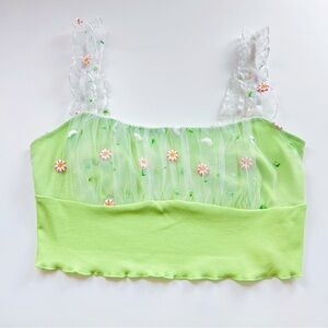 Y2K Lime Green & White Lace Flower Embroidered Milk Maid Ruched Crop Top Tank